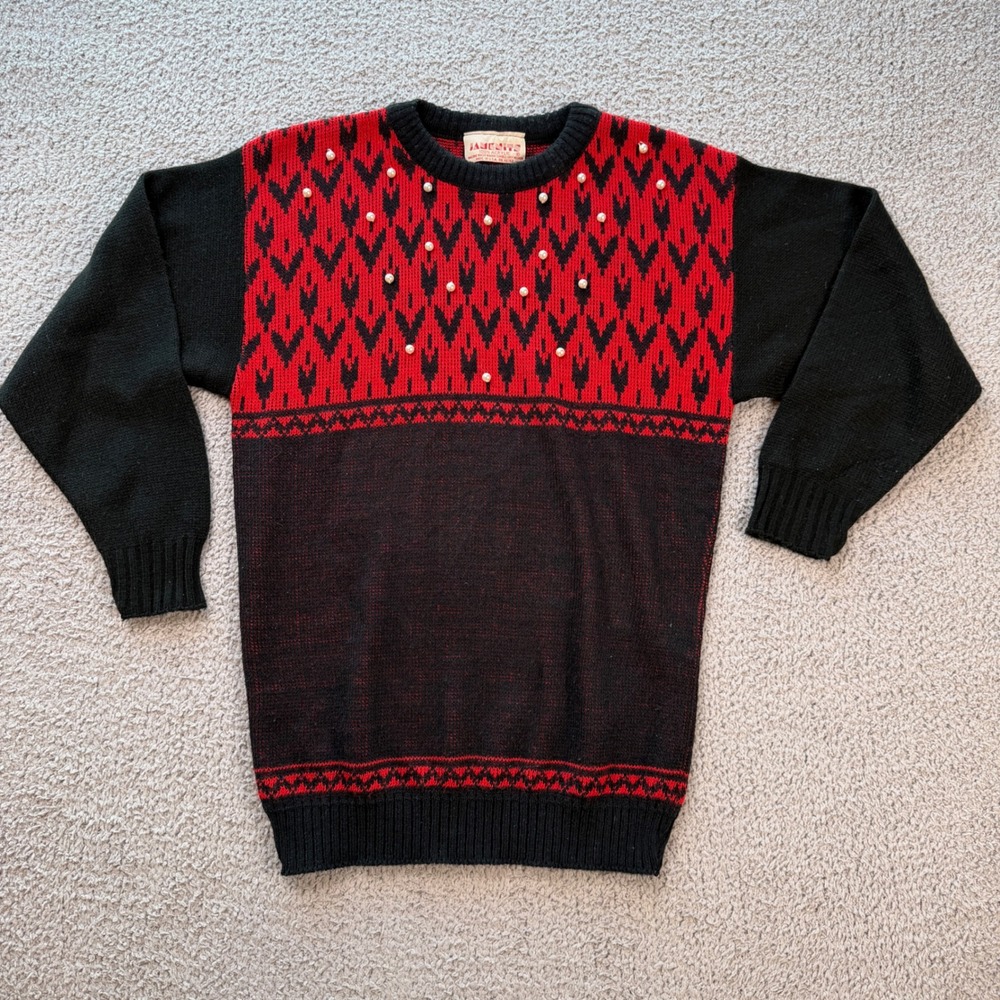 Vintage 80s Jansens Red Black Pearl Embellished Sweater Made in USA Acrylic Knit